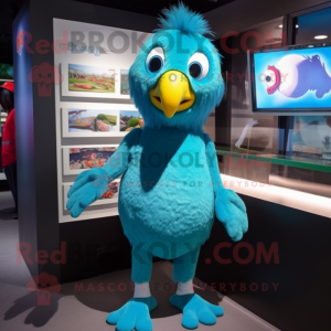 Teal Parrot mascot costume character dressed with a V-Neck Tee and Hair clips