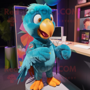 Teal Parrot mascot costume character dressed with a V-Neck Tee and Hair clips