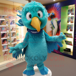 Teal Parrot mascot costume character dressed with a V-Neck Tee and Hair clips