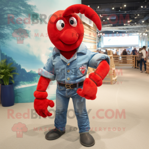 Red Lobster mascot costume character dressed with a Jeans and Necklaces