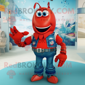 Red Lobster mascot costume character dressed with a Jeans and Necklaces
