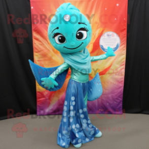 Turquoise Mermaid mascot costume character dressed with a Flare Jeans and Scarves