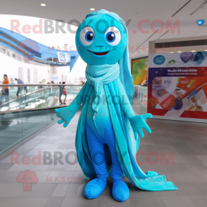 Turquoise Mermaid mascot costume character dressed with a Flare Jeans and Scarves