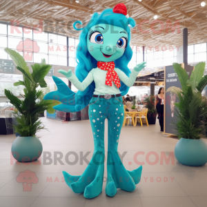Turquoise Mermaid mascot costume character dressed with a Flare Jeans and Scarves