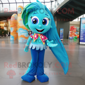 Turquoise Mermaid mascot costume character dressed with a Flare Jeans and Scarves