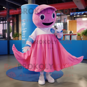 Pink Blue Whale mascot costume character dressed with a Skirt and Caps