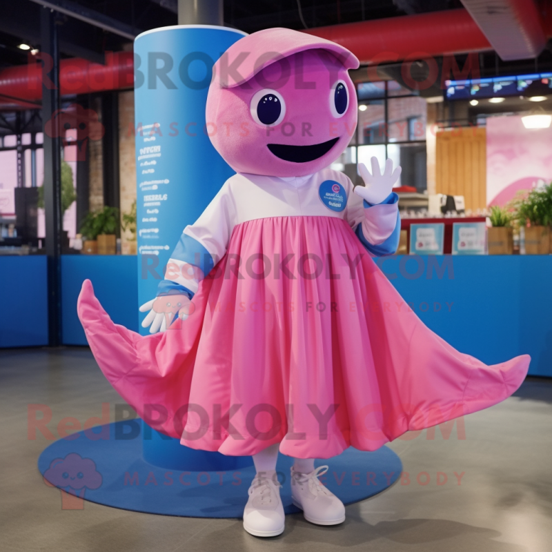 Pink Blue Whale mascot costume character dressed with a Skirt and Caps Pink Blue Whale mascot costume character dressed with a Skirt and Caps