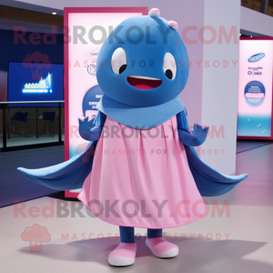 Pink Blue Whale mascot costume character dressed with a Skirt and Caps