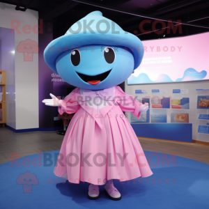 Pink Blue Whale mascot costume character dressed with a Skirt and Caps