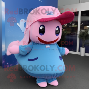 Pink Blue Whale mascot costume character dressed with a Skirt and Caps