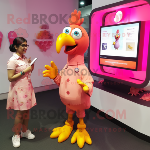 Pink Tandoori Chicken mascot costume character dressed with a Shift Dress and Smartwatches