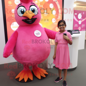 Pink Tandoori Chicken mascot costume character dressed with a Shift Dress and Smartwatches