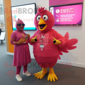 Pink Tandoori Chicken mascot costume character dressed with a Shift Dress and Smartwatches