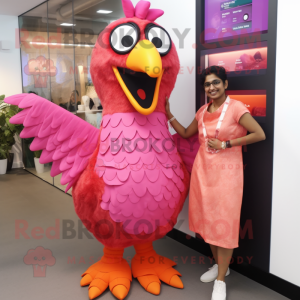 Pink Tandoori Chicken mascot costume character dressed with a Shift Dress and Smartwatches