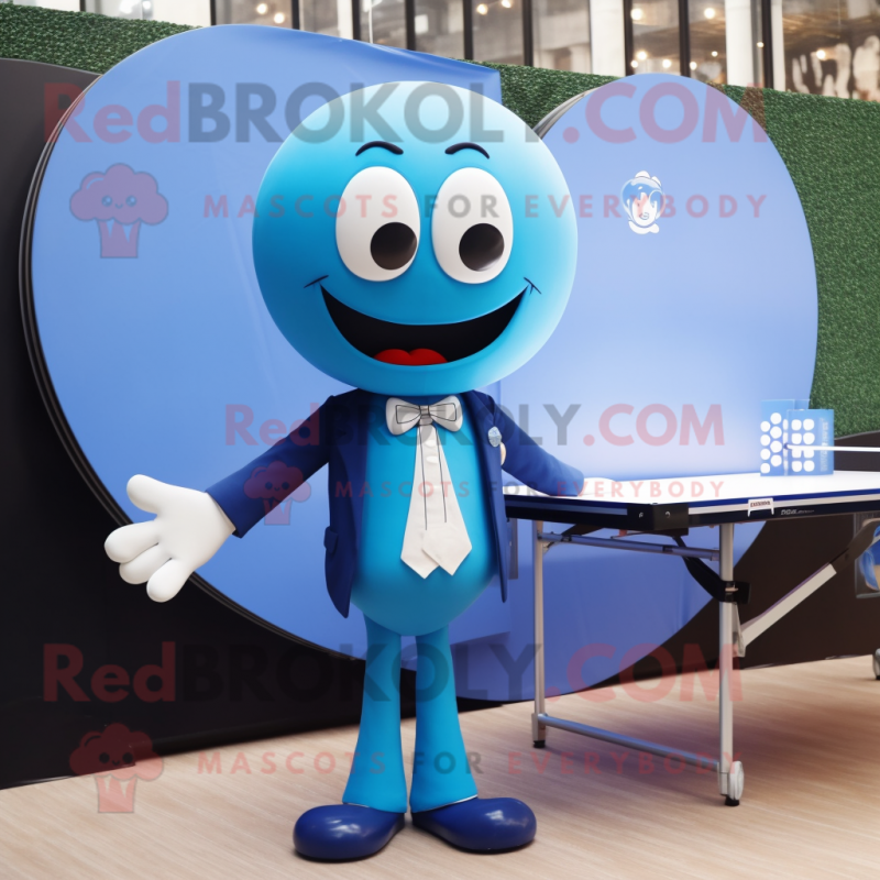 Blue Ping Pong Table mascot costume character dressed with a Blazer and Clutch bags Blue Ping Pong Table mascot costume character dressed with a Blazer and Clutch bags