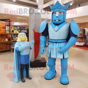 Cyan Medieval Knight mascot costume character dressed with a Mom Jeans and Tote bags