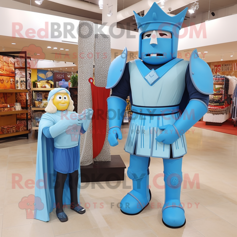 Cyan Medieval Knight mascot costume character dressed with a Mom Jeans and Tote bags Cyan Medieval Knight mascot costume character dressed with a Mom Jeans and Tote bags