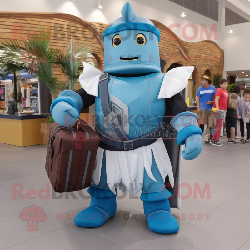 Cyan Medieval Knight mascot costume character dressed with a Mom Jeans and Tote bags