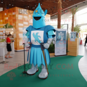 Cyan Medieval Knight mascot costume character dressed with a Mom Jeans and Tote bags