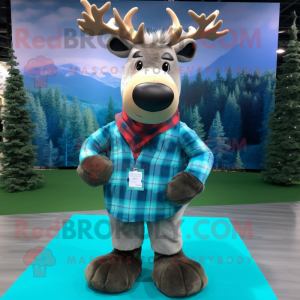 Cyan Elk mascot costume character dressed with a Flannel Shirt and Anklets
