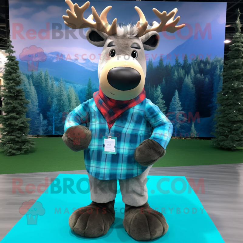 Cyan Elk mascot costume character dressed with a Flannel Shirt and Anklets