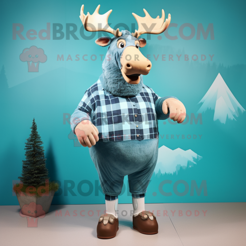 Cyan Elk mascot costume character dressed with a Flannel Shirt and Anklets