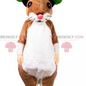 Mascot ratón beige y blanco con un sombrero verde -