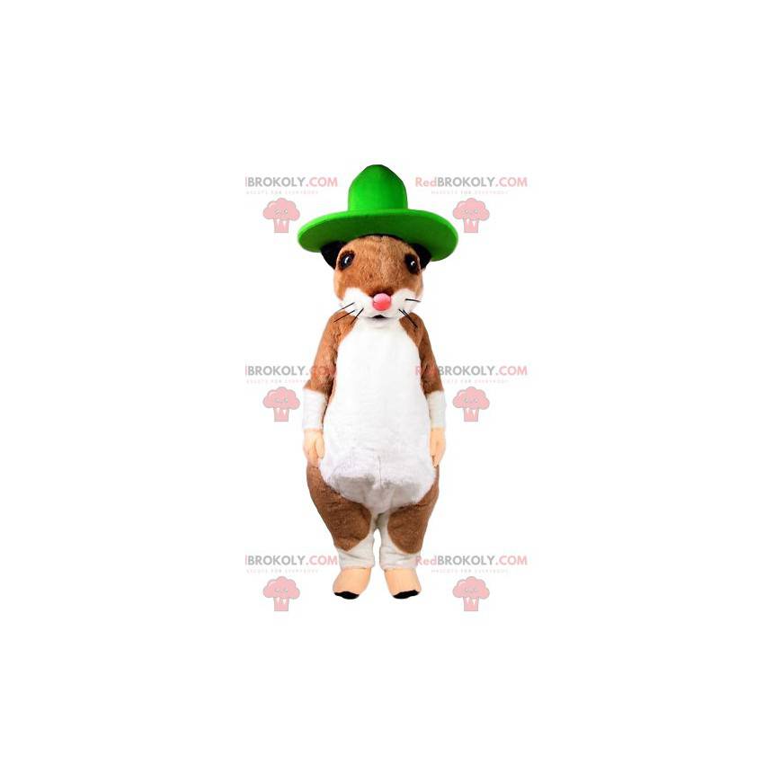 Mascot ratón beige y blanco con un sombrero verde -