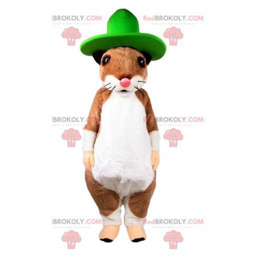 Mascot ratón beige y blanco con un sombrero verde -