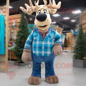 Cyan Elk mascot costume character dressed with a Flannel Shirt and Anklets