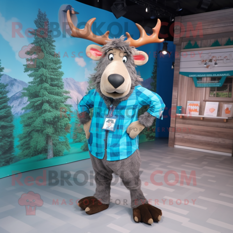 Cyan Elk mascot costume character dressed with a Flannel Shirt and Anklets