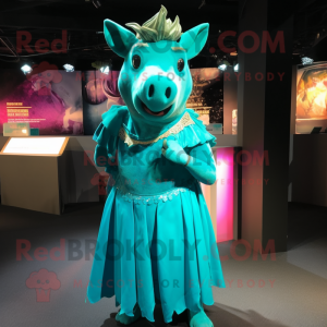 Turquoise Wild Boar mascot costume character dressed with a Cocktail Dress and Scarf clips