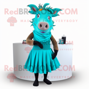 Turquoise Wild Boar mascot costume character dressed with a Cocktail Dress and Scarf clips