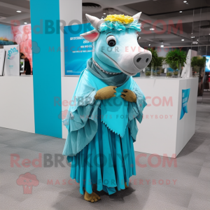 Turquoise Wild Boar mascot costume character dressed with a Cocktail Dress and Scarf clips