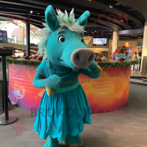 Turquoise Wild Boar mascot costume character dressed with a Cocktail Dress and Scarf clips