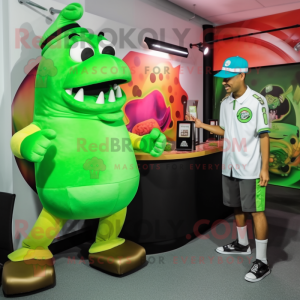 Lime Green Steak mascot costume character dressed with a Bermuda Shorts and Watches
