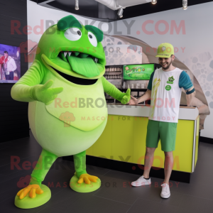 Lime Green Steak mascot costume character dressed with a Bermuda Shorts and Watches
