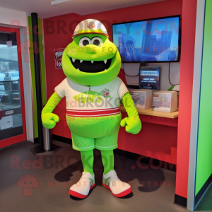 Lime Green Steak mascot costume character dressed with a Bermuda Shorts and Watches