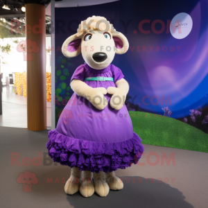 Purple Merino Sheep mascot costume character dressed with a Skirt and Rings