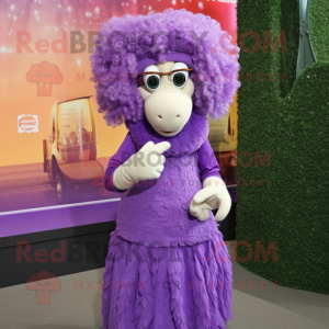 Purple Merino Sheep mascot costume character dressed with a Skirt and Rings