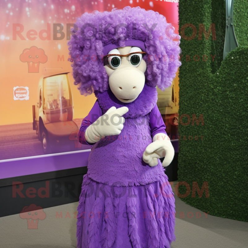 Purple Merino Sheep mascot costume character dressed with a Skirt and Rings Purple Merino Sheep mascot costume character dressed with a Skirt and Rings