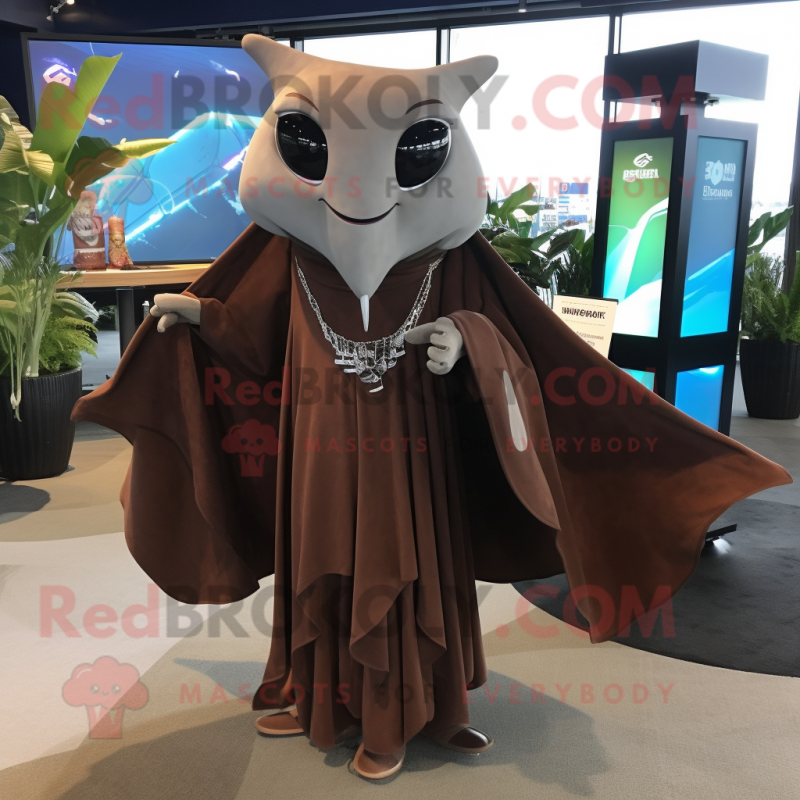 Brown Manta Ray mascot costume character dressed with a Maxi Skirt and Shawl pins Brown Manta Ray mascot costume character dressed with a Maxi Skirt and Shawl pins