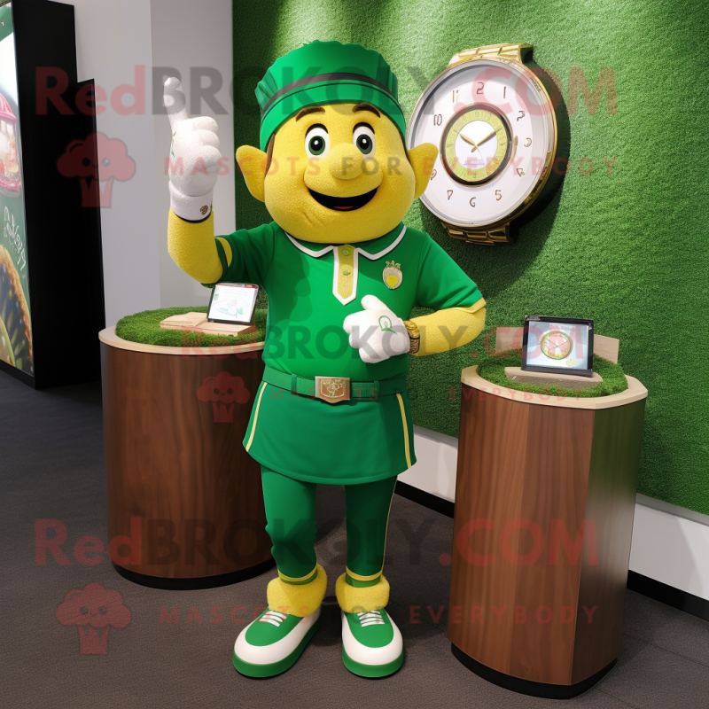 Forest Green Pot Of Gold mascot costume character dressed with a Polo Tee and Smartwatches Forest Green Pot Of Gold mascot costume character dressed with a Polo Tee and Smartwatches