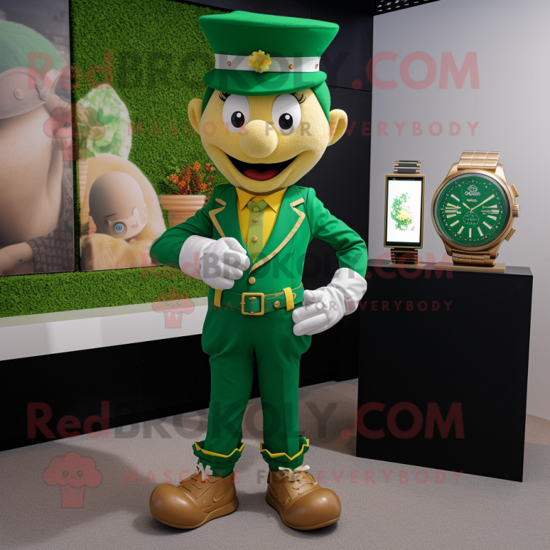 Forest Green Pot Of Gold mascot costume character dressed with a Polo Tee and Smartwatches Forest Green Pot Of Gold mascot costume character dressed with a Polo Tee and Smartwatches
