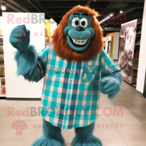 Turquoise Orangutan mascot costume character dressed with a Flannel Shirt and Brooches