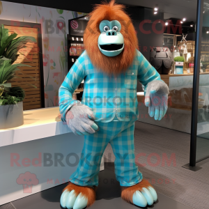 Turquoise Orangutan mascot costume character dressed with a Flannel Shirt and Brooches