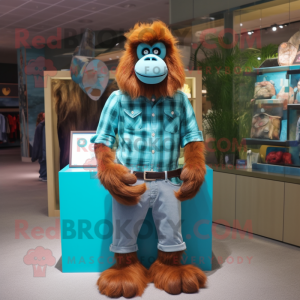 Turquoise Orangutan mascot costume character dressed with a Flannel Shirt and Brooches