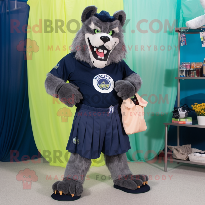 Navy Werewolf mascot costume character dressed with a Bermuda Shorts and Coin purses Navy Werewolf mascot costume character dressed with a Bermuda Shorts and Coin purses