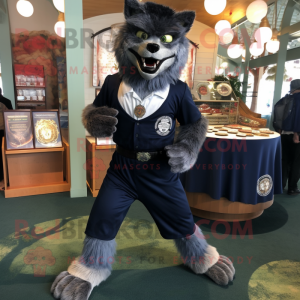 Navy Werewolf mascot costume character dressed with a Bermuda Shorts and Coin purses