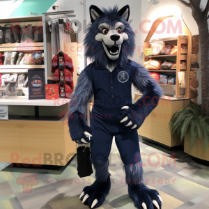 Navy Werewolf mascot costume character dressed with a Bermuda Shorts and Coin purses